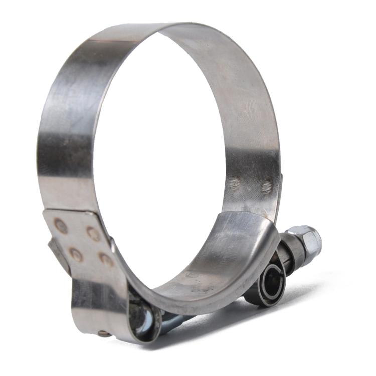 Stainless steel T-bolt hose clamp, 80-88mm, close-up of band and latch