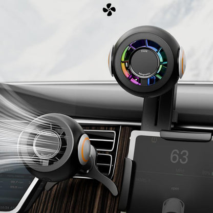 Car air outlet magnetic phone holder with black cooling fan and RGB ring lights