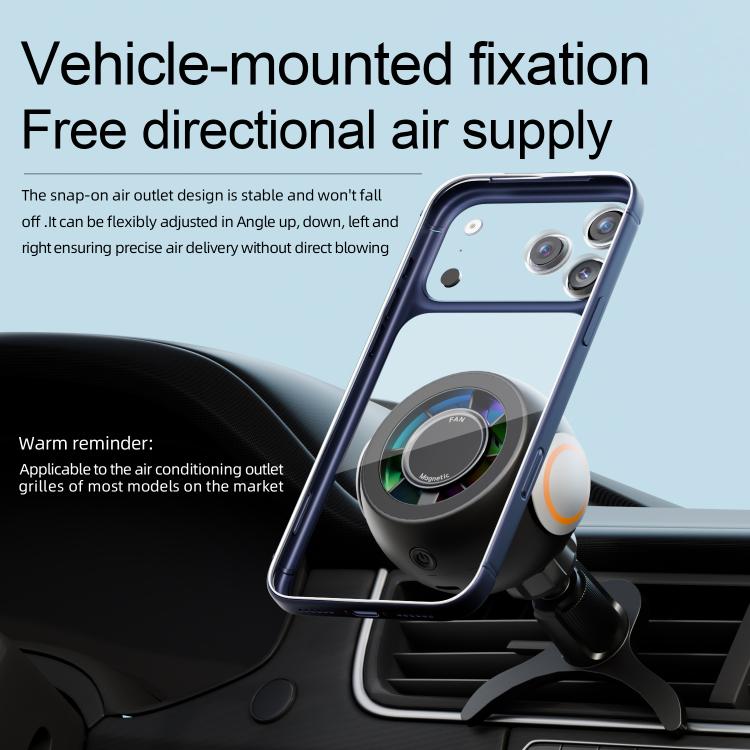 Car-mounted magnetic phone holder with black cooling fan secured to air outlet vent