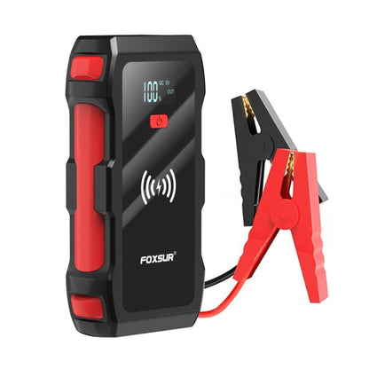 Car jump starter with red clamps and digital display, black and red body