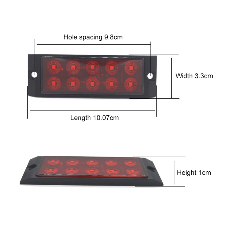 Red 10-LED side marker indicator light dimensions, black rectangular housing