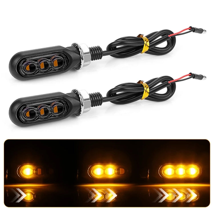 Pair of black mini motorcycle water turn signal lights with 3 LEDs and wiring harness