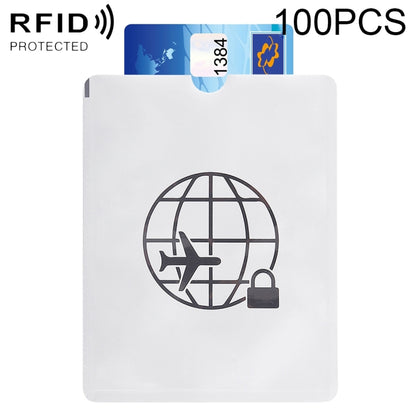 White RFID passport sleeve with airplane globe and lock icon, 100 pcs pack.