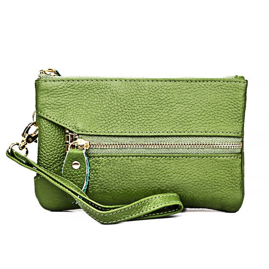 Green litchi-texture wallet clutch with detachable wrist strap, top zip, gold hardware