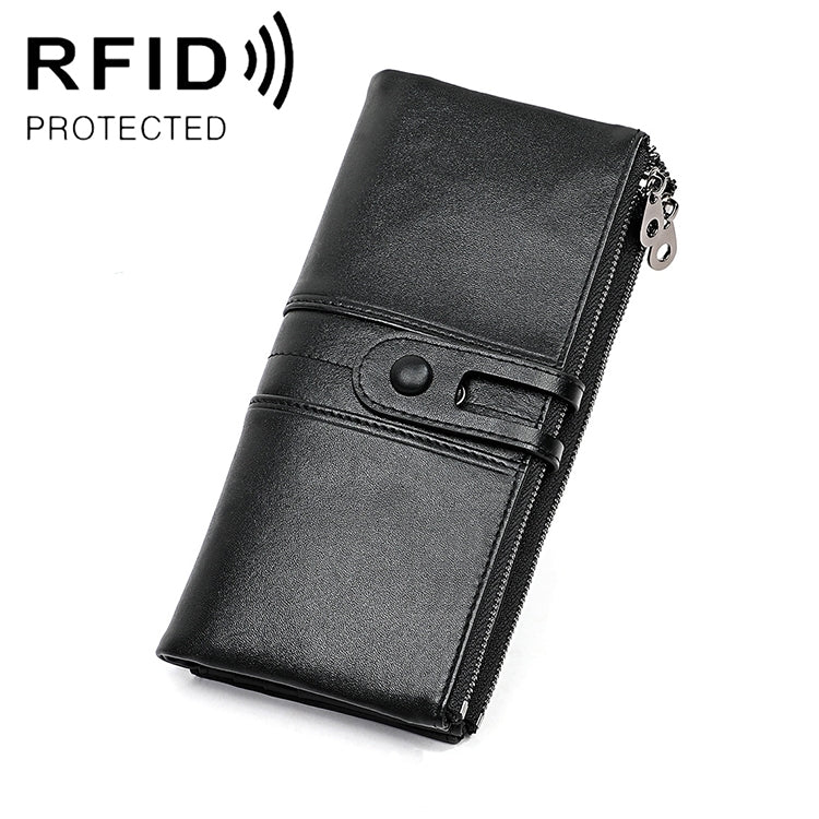 Black cowhide leather folding RFID wallet with card slots and zip closure