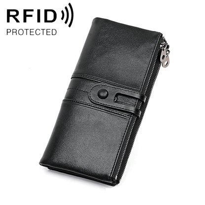 Black cowhide leather folding RFID wallet with card slots and zip closure