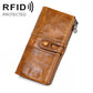 Yellow-brown leather folding RFID wallet with snap clasp and card slots