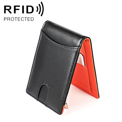 Black cowhide leather RFID card wallet with zip pocket and orange interior lining