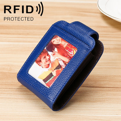 Blue vertical cowhide leather wallet with transparent ID window and multiple card slots