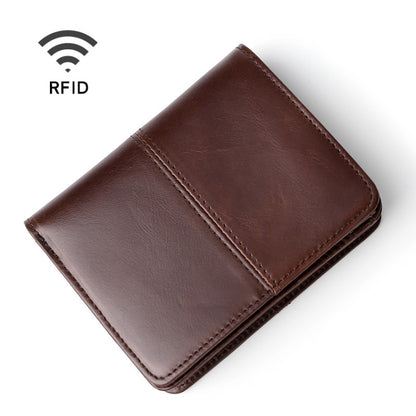 RFID leather wallet, dark brown, folded front with stitched seams and snap closure
