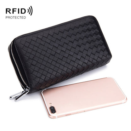 Black woven zippered wallet bag with a long zipper and secure exterior closure