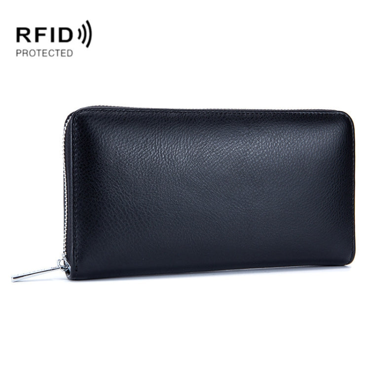 Two-layer RFID cowhide leather card holder wallet, black, zip-around closure
