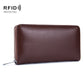 Two-layer RFID cowhide leather card holder wallet, brown, zip-around closure