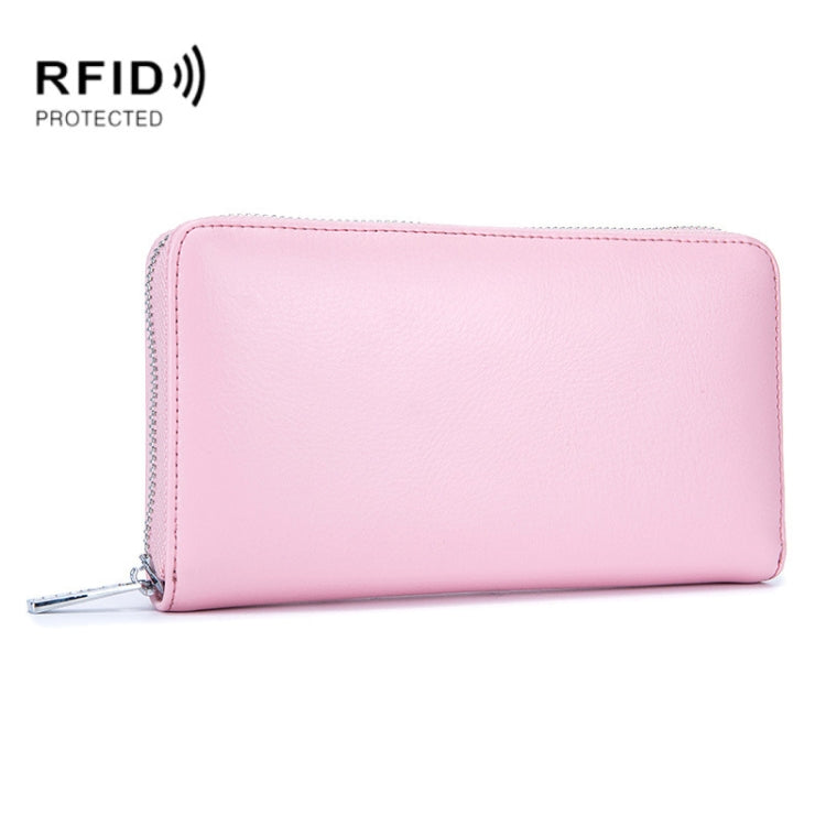 Two-layer RFID cowhide leather card holder wallet, light pink, zip-around closure
