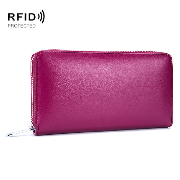 Two-layer RFID cowhide leather card holder wallet, magenta, zip-around closure