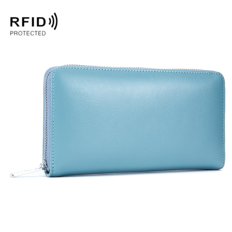 Two-layer RFID cowhide leather card holder wallet, baby blue, zip-around closure