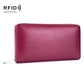 Two-layer RFID cowhide leather card holder wallet, deep pink-red, zip-around closure