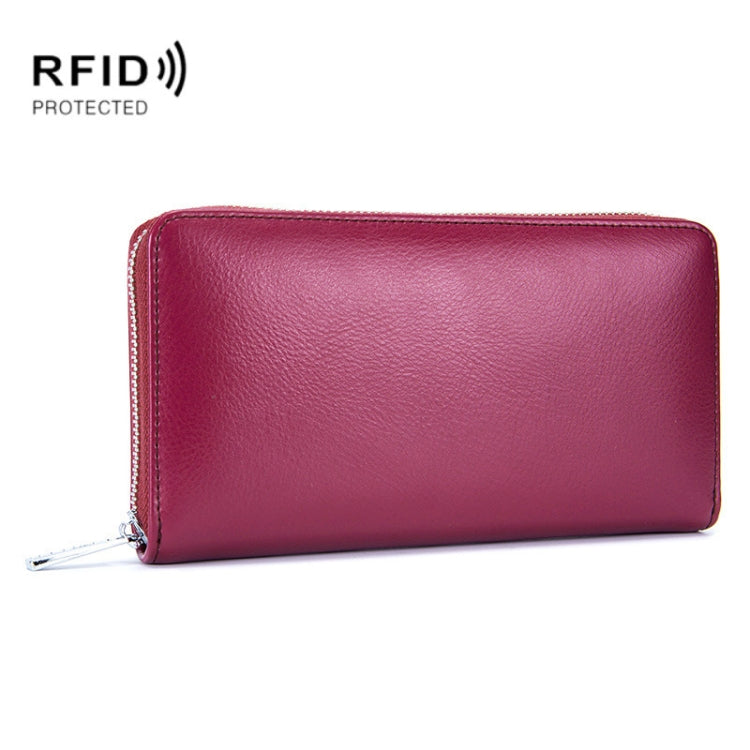 Two-layer RFID cowhide leather card holder wallet, deep pink-red, zip-around closure