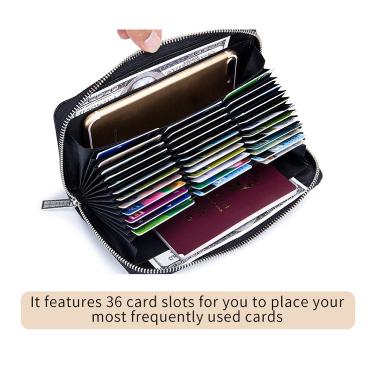 Open RFID card holder wallet with many card slots and zip closure; interior view