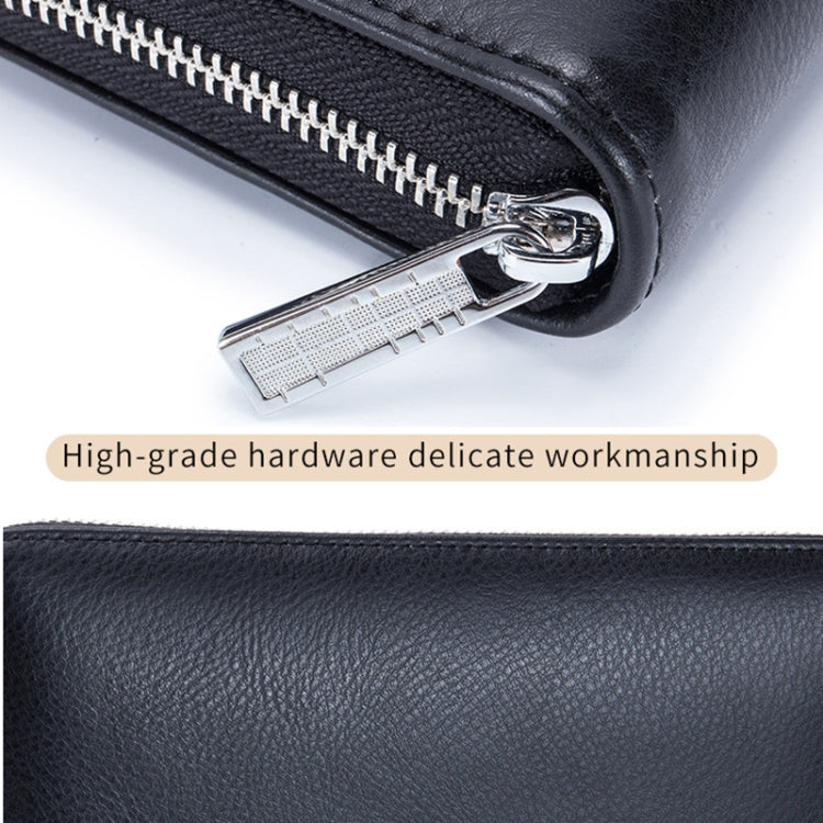 Black leather card holder wallet with metal zipper and rounded edge tab detail