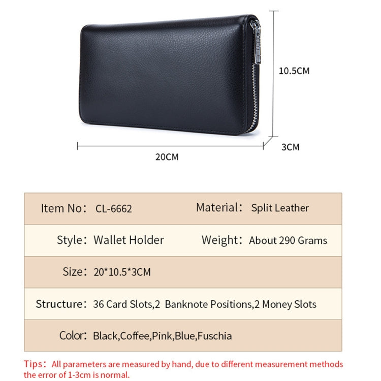 Black split-leather zipper card holder wallet with slim rectangular shape and front profile