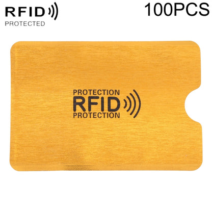 Gold RFID blocking card protector sleeve, with RFID protection text and antenna icon