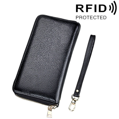 Black litchi-texture leather zip wallet with wrist strap, long card holder