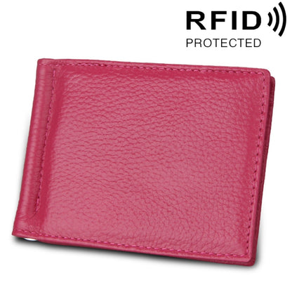 Magenta litchi-texture leather card holder wallet, stitched edge, front view
