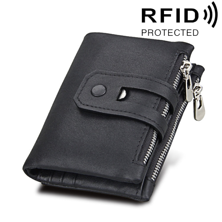 Black crazy horse leather 3-fold card holder wallet with dual zippers and card strap