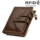 Coffee-brown crazy horse leather 3-fold card holder wallet with dual zipper and snap strap