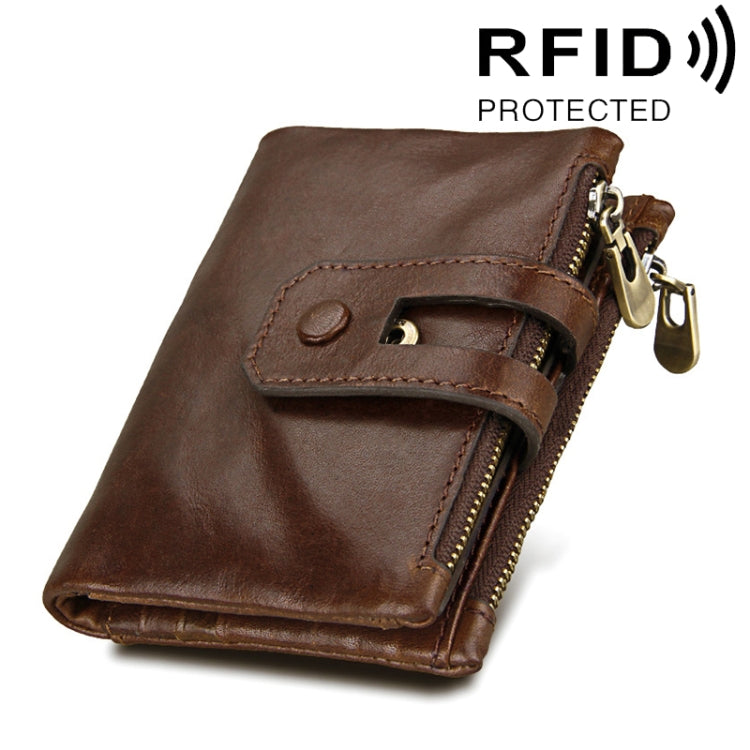 Coffee-brown crazy horse leather 3-fold card holder wallet with dual zipper and snap strap