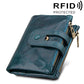Blue crazy horse leather 3-fold card holder wallet with dual zipper and card strap
