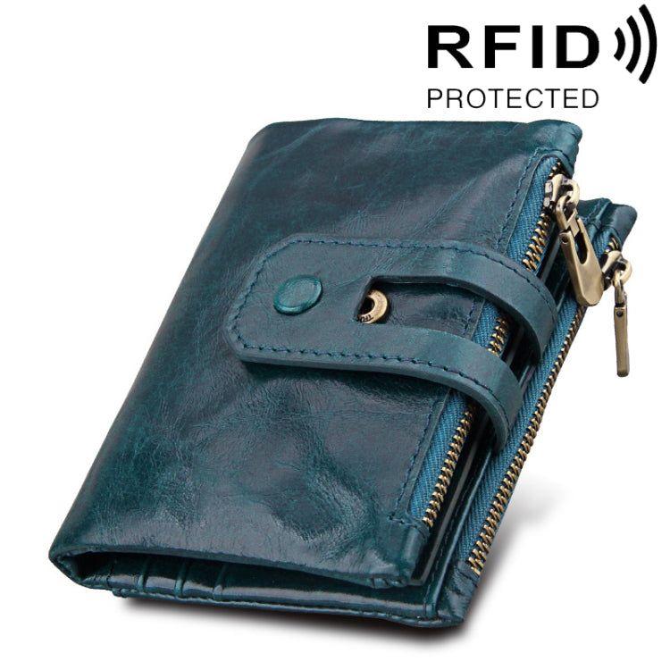 Blue crazy horse leather 3-fold card holder wallet with dual zipper and card strap