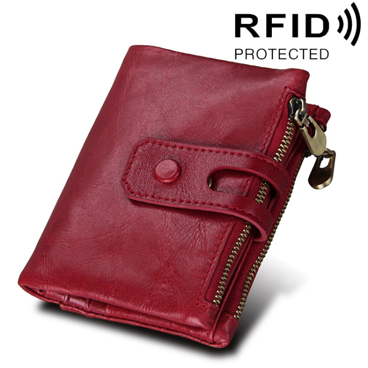 Red crazy horse leather 3-fold card holder wallet with dual zipper and snap strap