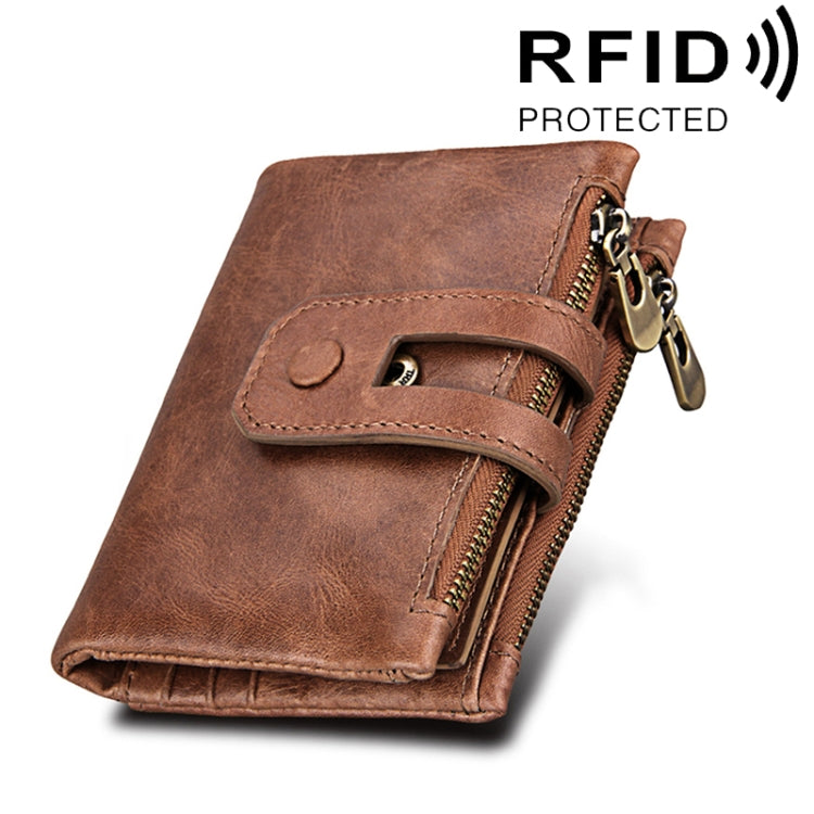 Crazy horse leather 3-fold wallet, zipper, card slots, snap coin pocket, RFID-blocking