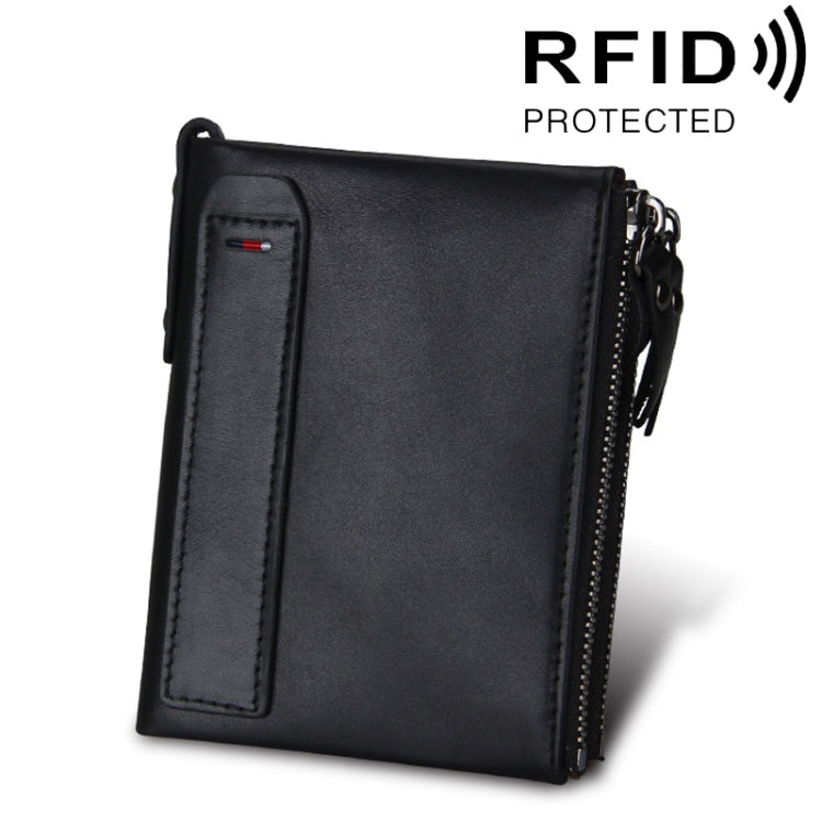 Black crazy horse leather card holder wallet with dual zippers and front vertical card slot