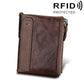 Coffee-brown crazy horse leather card holder wallet with dual zippers and front card slot