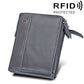 Grey leather dual-zip card holder wallet with front card slot and wrist strap
