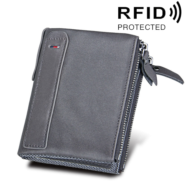 Grey leather dual-zip card holder wallet with front card slot and wrist strap