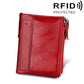 Red leather dual-zip card holder wallet with front card slot and wrist strap