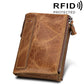 Tan-brown leather dual-zip card holder wallet with front card slot and wrist strap