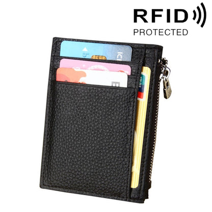 Black cowhide leather zipper card holder wallet with card slots and coin pocket