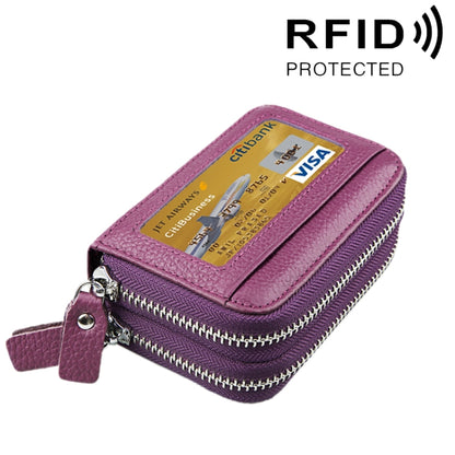 Purple leather zipper card holder wallet with coin pocket and RFID card protection, strap