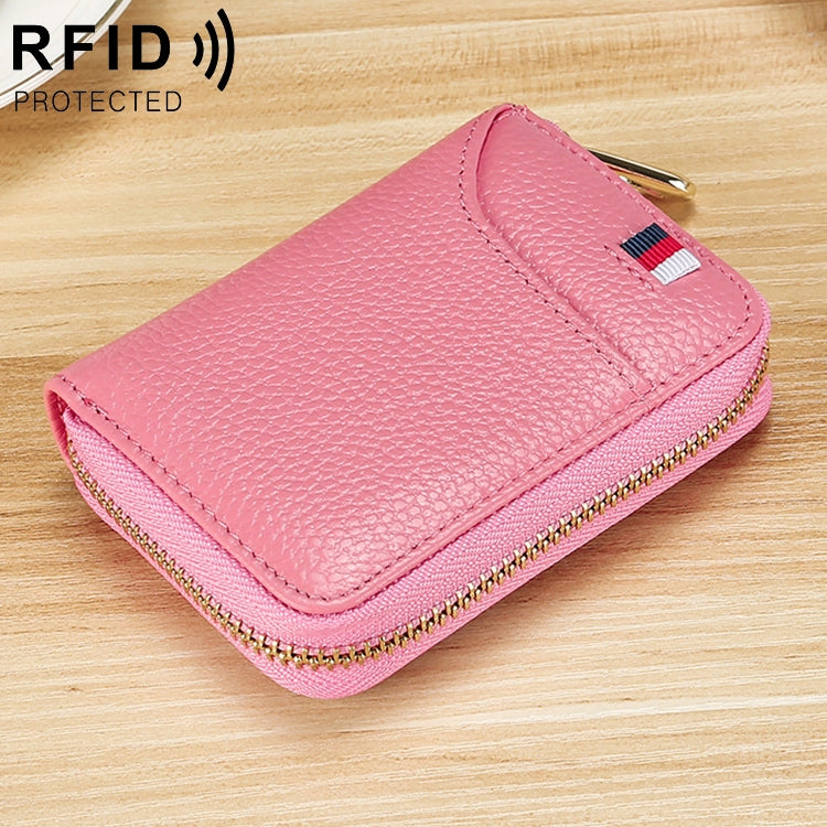 RFID ladies card wallet, pink textured leather look with zip and gold trim