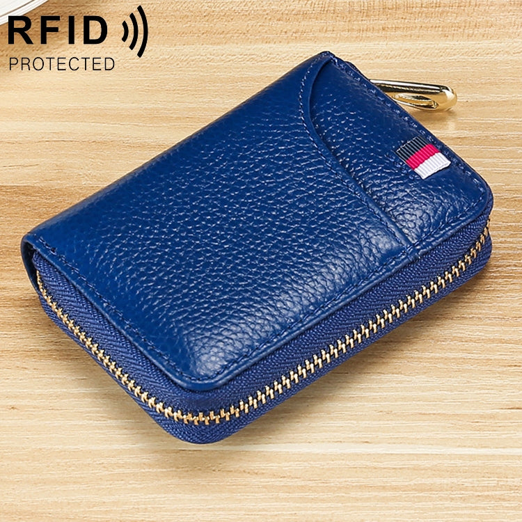RFID ladies card wallet, blue textured leather look with zip and gold trim