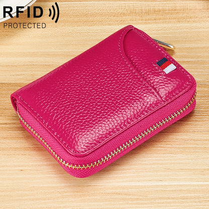 Rose red ladies card wallet with top zipper and gold-tone trim, RFID-style design.