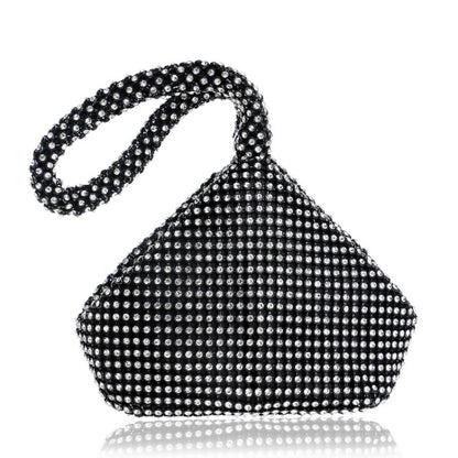 Black rhinestone evening handbag with top handle and round shoulder strap