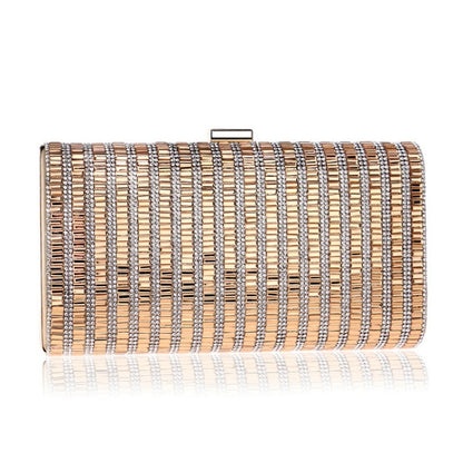 Gold rhinestone square clutch handbag with striped crystal design and metal clasp