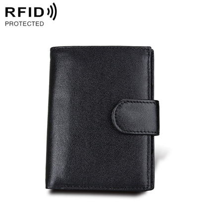 Black leather bifold wallet with front strap tab closure