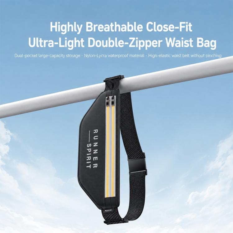 Black waist bag with reflective yellow stripe, adjustable stretch belt strap